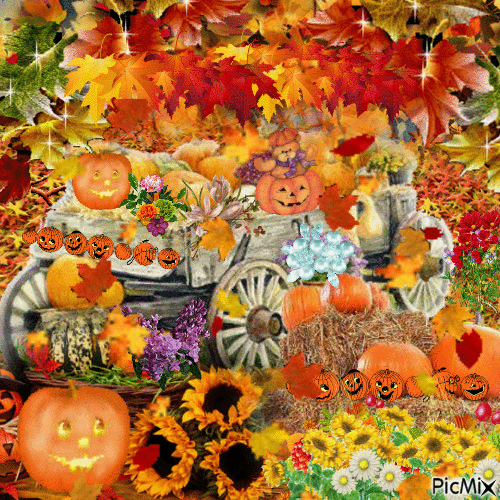 FOR SALE PUMPKINS, GOURDS, JACK-O-LATERNS AND FLOWERS ON AND OLD WAGON,THE SAME THINGS PUMPKINS, HAY, AND FLOWERS AND LOTS OF LEAVES FALLING AND ON THE GROUND. - Zdarma animovaný GIF