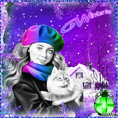 Girl with a cat in winter - GIF animado grátis
