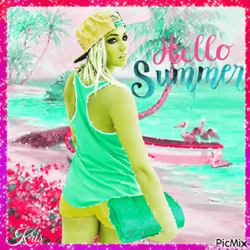 Bonjour l'été - Rose et turquoise - GIF animé gratuit