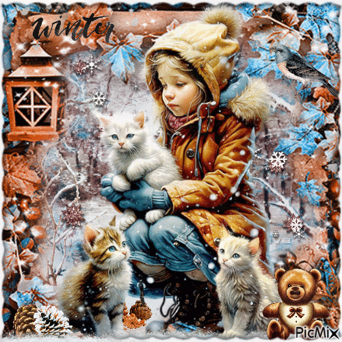 Little girl and her kitten in winter - GIF animado grátis