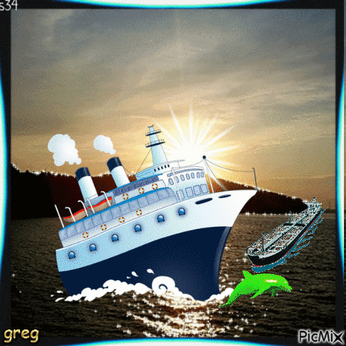 jolie paysage de bateaux et des dauphin - GIF animate gratis