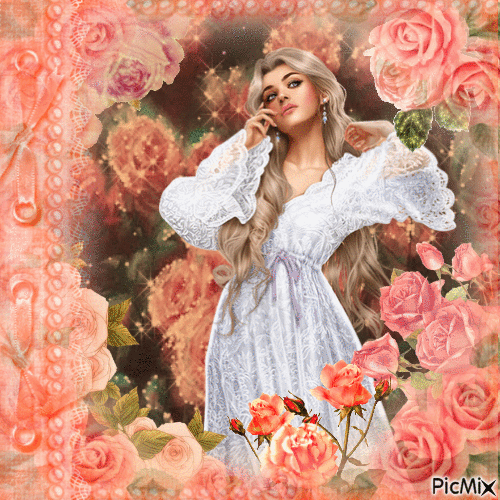 Woman in the rose garden - Безплатен анимиран GIF