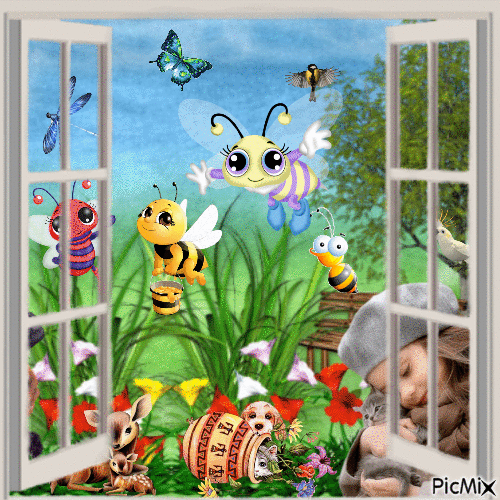 vue de la fenêtre au printemps pour les petits - Ingyenes animált GIF