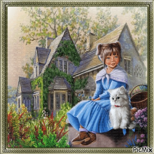 Petite fille et chat blanc. - 免费PNG