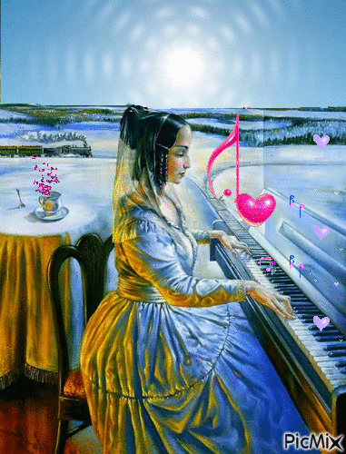 Zongorázó nő kék ég alatt! - Ilmainen animoitu GIF
