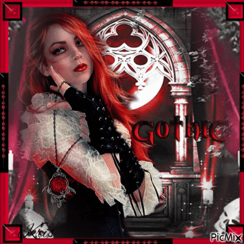 Femme gothique en rouge, noir et blanc