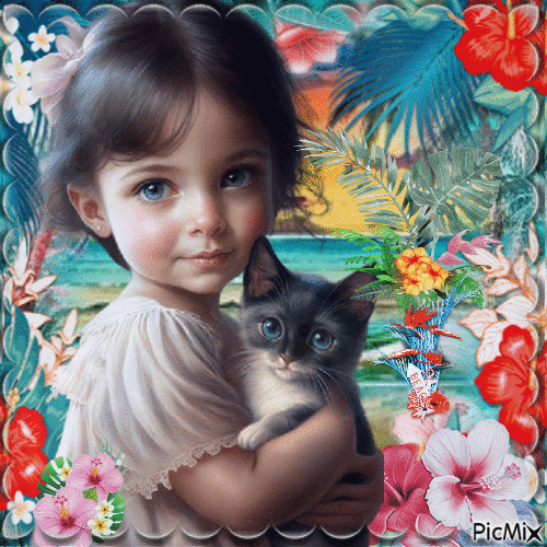 Enfant avec des Fleur et le chat - Free animated GIF