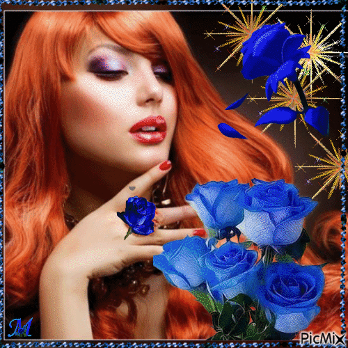 La belle rousse et les roses bleues - Gratis geanimeerde GIF