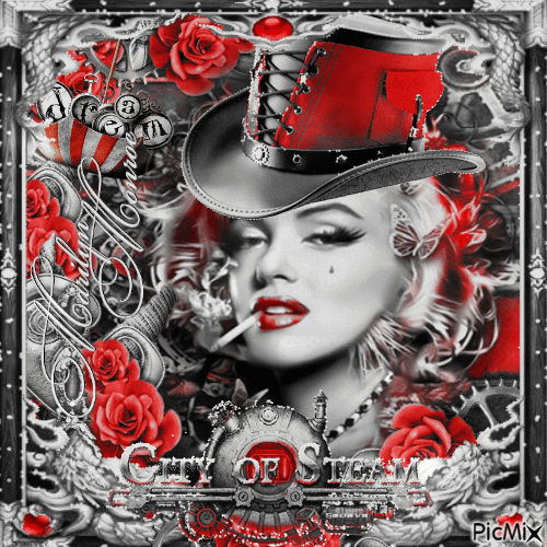 Marilyn Monroe steampunk rose BWR - Darmowy animowany GIF