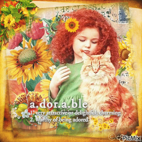 children girl cat sunflowers - GIF animé gratuit