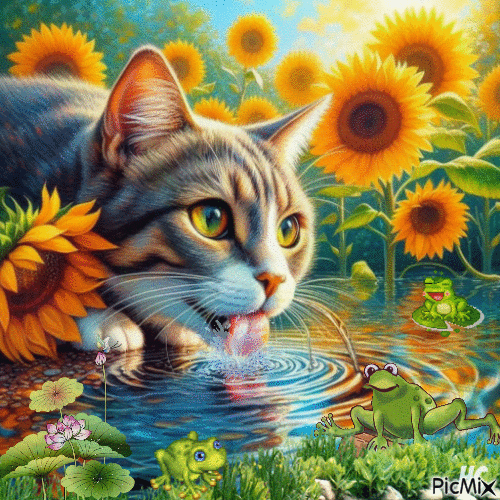 Eine Katze am Teich - GIF animado gratis