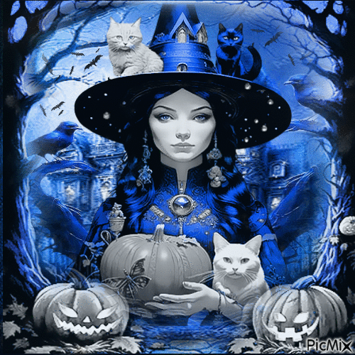 Halloween witch black white blue - Gratis animerad GIF