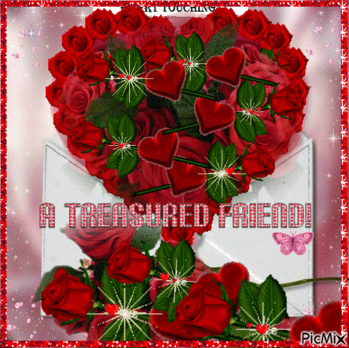 A HEART FULL OF RED ROSES, A WHITE ENVELOPE, ROSES WITH SPARKLES. A LITTLE  BUTTERFLY, A RED FRAME, TEXT- A TREASURED FRIEND. - Free animated GIF -  PicMix