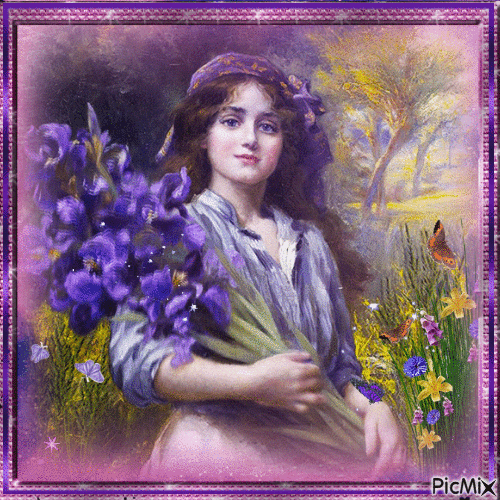 girl with purple flowers - Бесплатный анимированный гифка