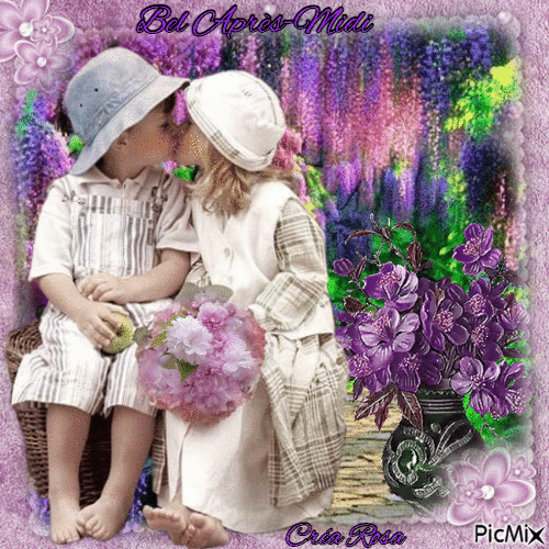 Concours  : Petit couple au printemps et fleurs violettes - Δωρεάν κινούμενο GIF