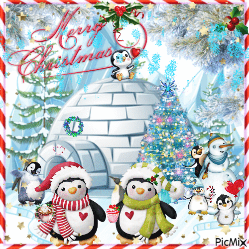 Penguin Christmas Celebration. - Free animated GIF