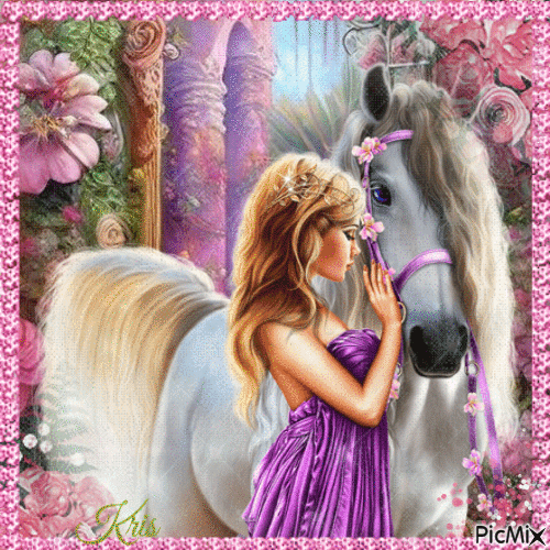Princesse à cheval dans les tons roses - 無料のアニメーション GIF