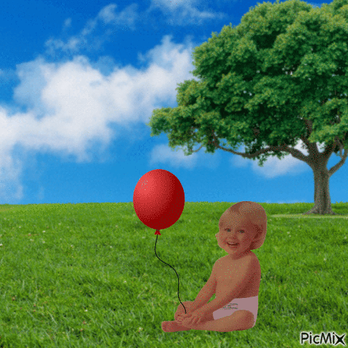 Baby with red balloon - GIF animé gratuit