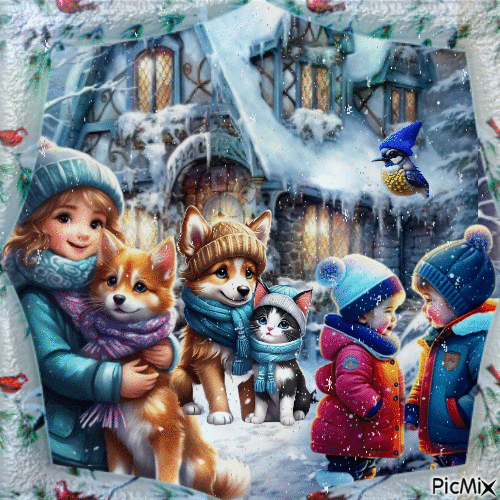 Invierno con niños y animales - Ingyenes animált GIF