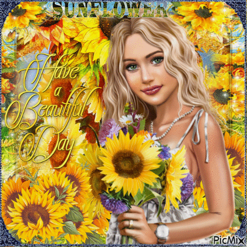 Woman in a sunflower field - Безплатен анимиран GIF