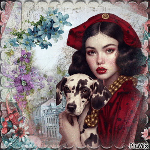 Vintage fille avec son chien - Gratis animerad GIF