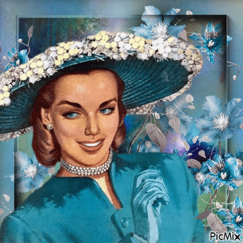 Dame mit Hut mit passenden Blumen - Gratis geanimeerde GIF