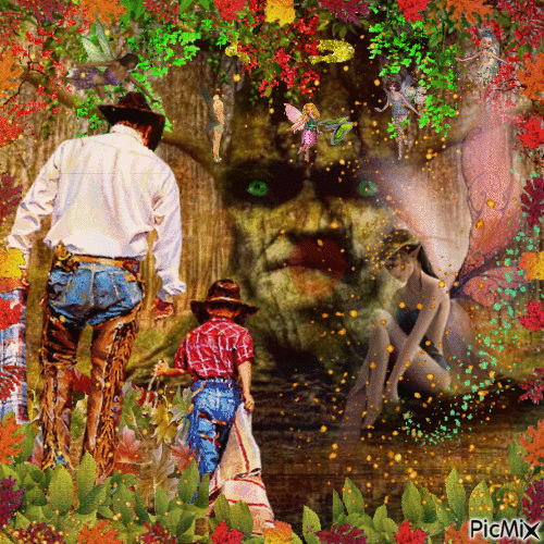 Cowboy and his son in the magic forest - GIF animado grátis