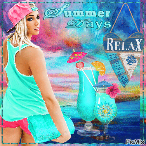 Bonjour l'été - Rose et turquoise - Безплатен анимиран GIF