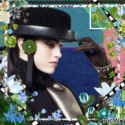 woman with hat and flowers - GIF animasi gratis