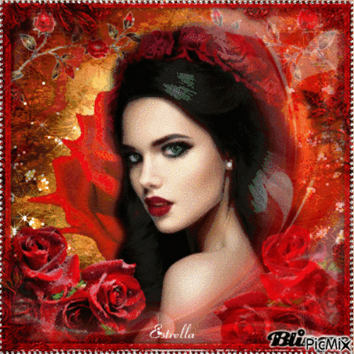 Femme avec des fleurs rouges - Gratis animeret GIF