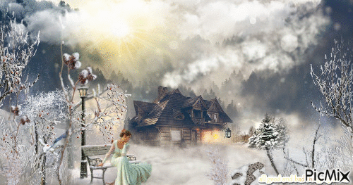 winter lodge tree woman house - GIF animado grátis