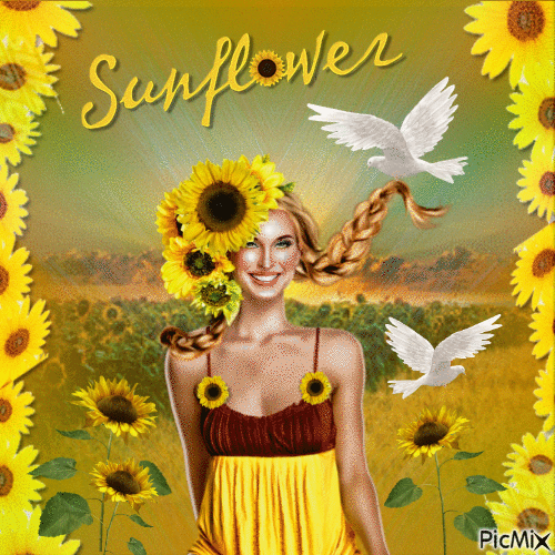 Sunflower Girl With Doves - Free animated GIF