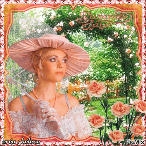 Femme dans son jardin fleuri en été - Gratis animerad GIF