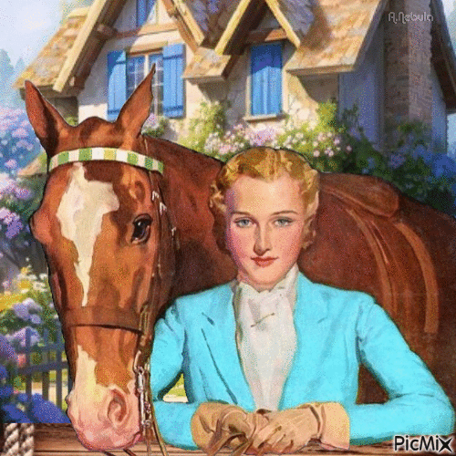 Woman and her horse - Vintage - GIF animado gratis