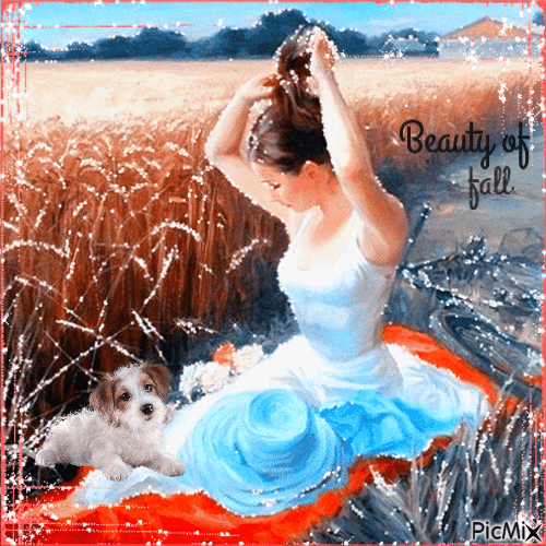 Beauty of Autumn/Fall2. Woman and dog in the fields - Free animated GIF