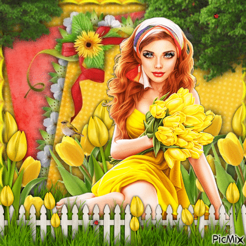 Beauty and her Yellow Flowers-5-02-24 - Бесплатни анимирани ГИФ