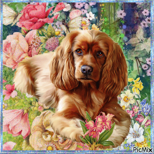Hund und Blumen - Gratis geanimeerde GIF