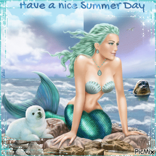 Have a nice Summer Day. Seals and mermaid - Безплатен анимиран GIF