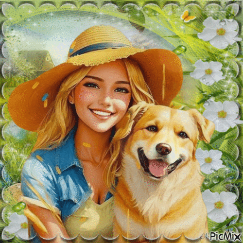 Femme aux Printemps avec son chien - Ingyenes animált GIF