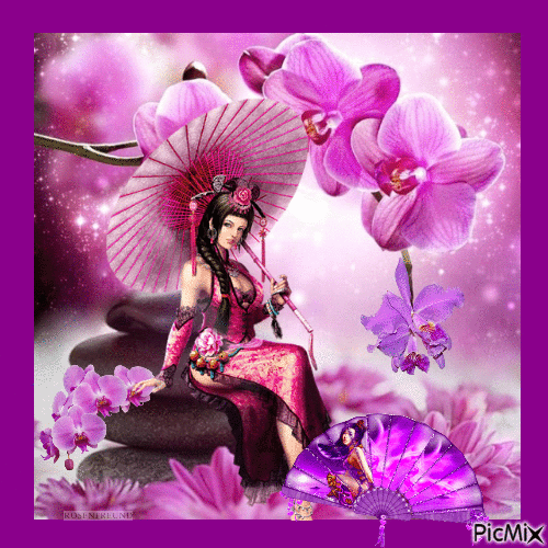 Geisha und Orchideen - Gratis geanimeerde GIF