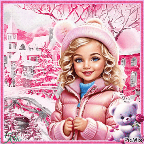 Petite fille en hiver, tons roses - Безплатен анимиран GIF
