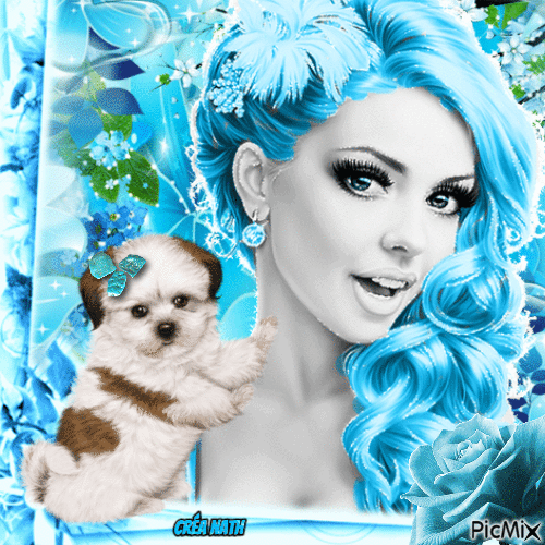 Femme et son chien en turquoise - 無料のアニメーション GIF