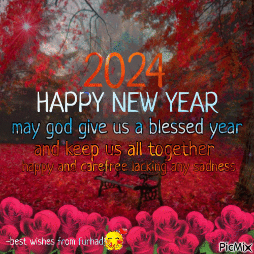 happy new year 2024 roses and fireworks - GIF animé gratuit