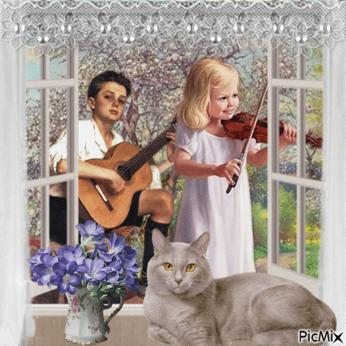Schöne Melodie... Kinder geben ein Konzert am Fenster - Zdarma animovaný GIF