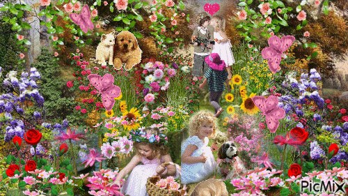 LITTLE CHILDRENS PARIDISE, I THE WOODS AND LOTS OF ROOM TO PLAY,WITH THEIR DOGS AND CATS, WITH PRETTY PINK BUTTERFLIRS. - Бесплатный анимированный гифка