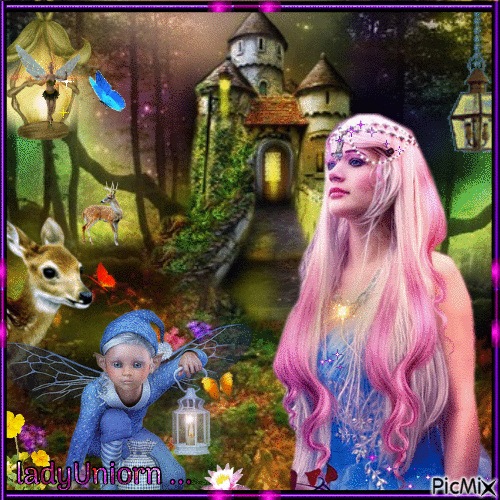 Fairy in front of her castle in the fairy forest - Zdarma animovaný GIF