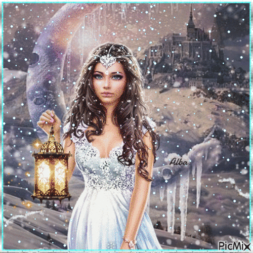 Dama con un farol bajo la nieve - Ilmainen animoitu GIF