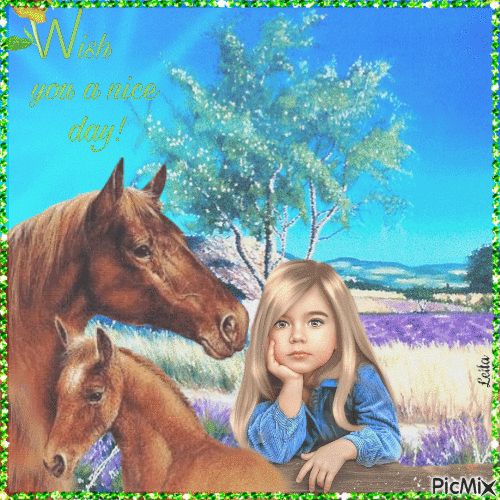 Wish you a Nice Day. Girl and horses. Summer - Безплатен анимиран GIF