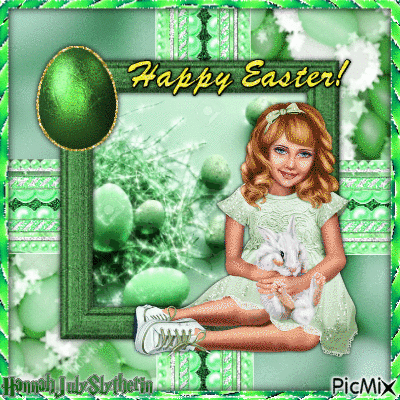 ♣♠♣Happy Easter Kid & Bunny in Green♣♠♣ - Bezmaksas animēts GIF
