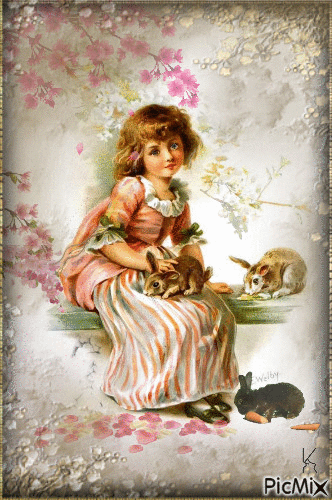 vintage:  niña entre conejos - Ingyenes animált GIF